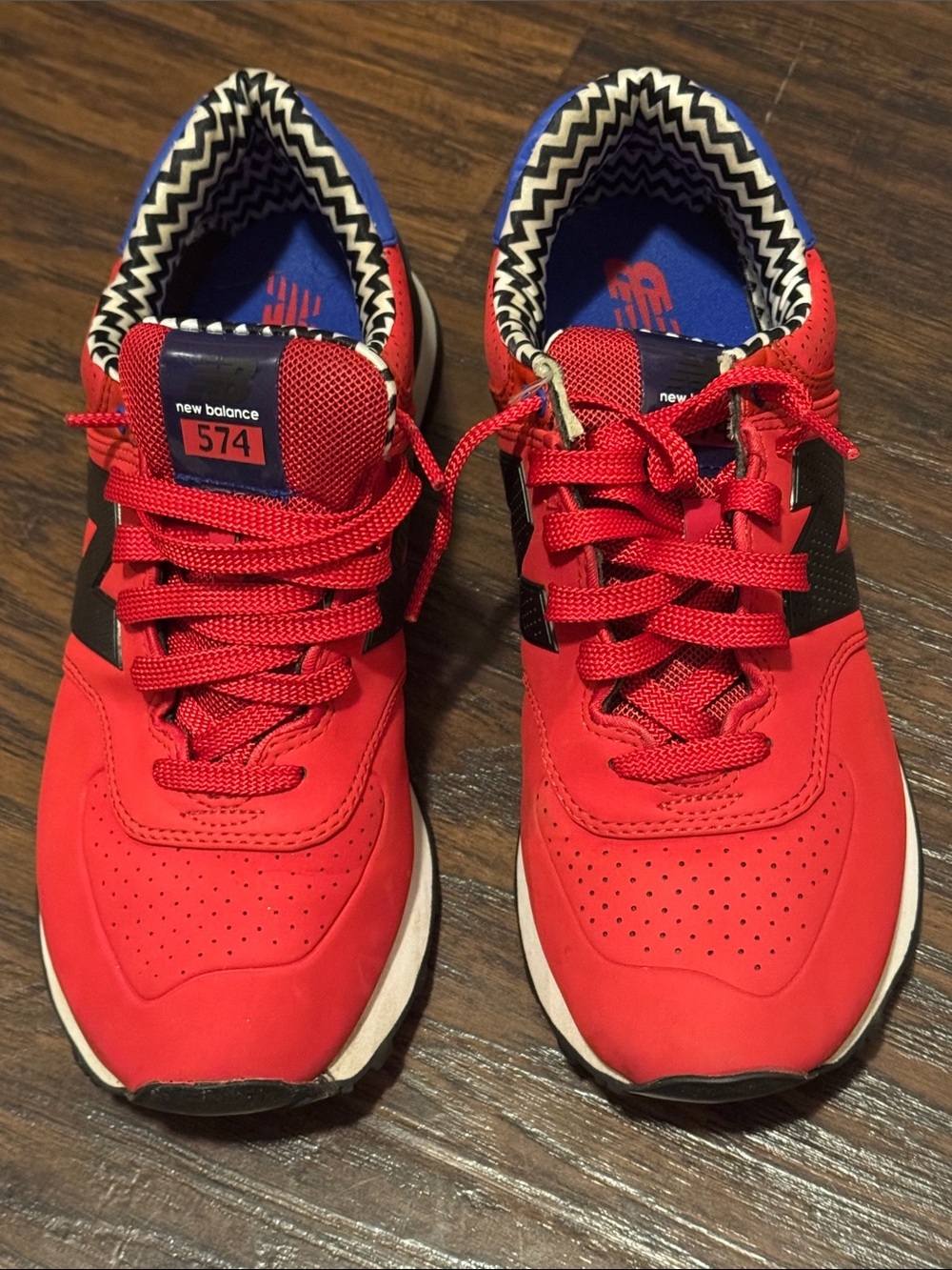 New Balance Red and Black 574 Sneakers with Blue Lining